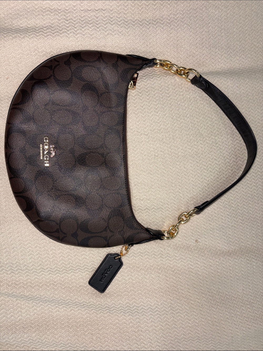 Coach Brown and Black Signature Crescent Shoulder Bag with Gold Chain